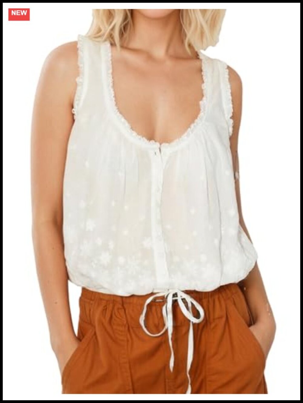Women's Boho Embroidered Button Down Tank Top Flowy Crop Cami